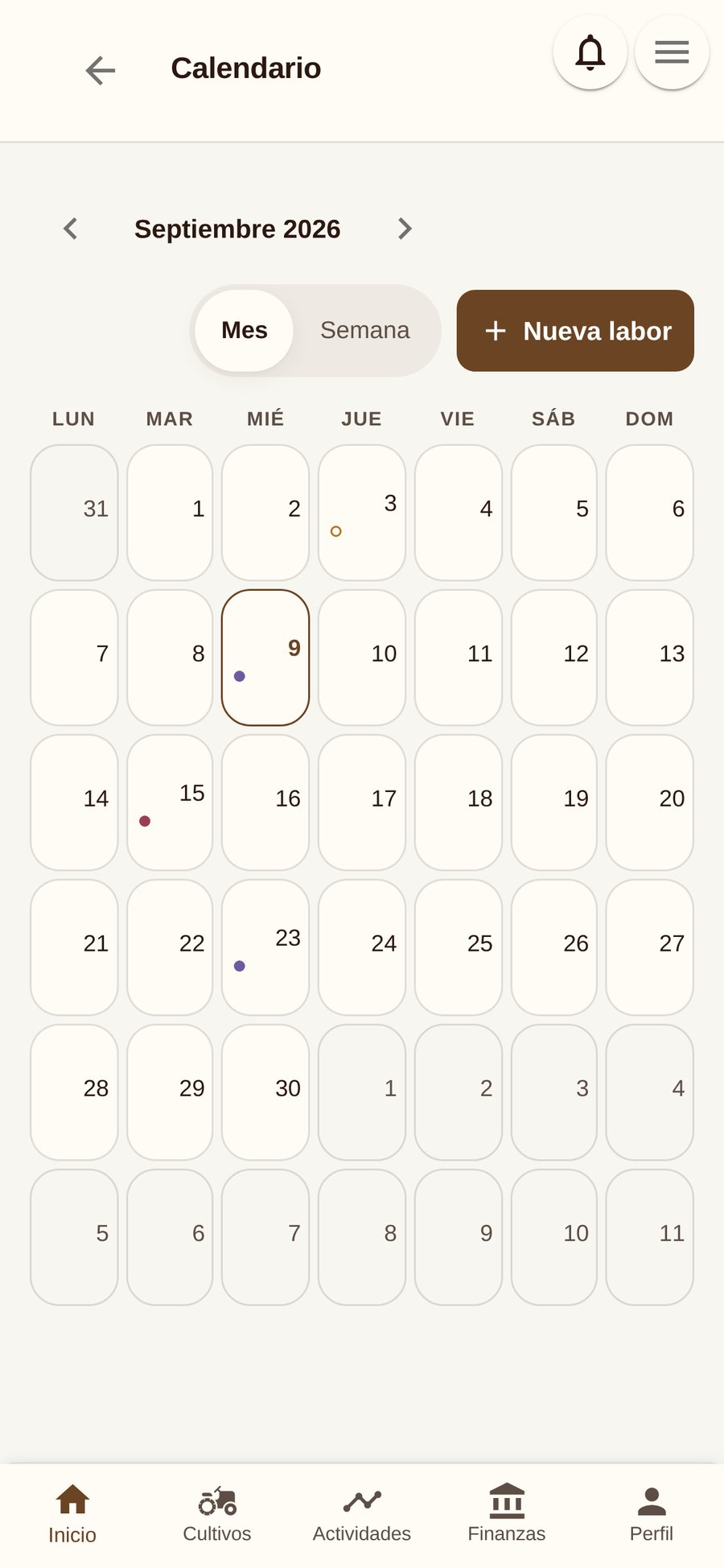 Calendario de labores de Koffibinz en vista mes con tareas de distintas categorías