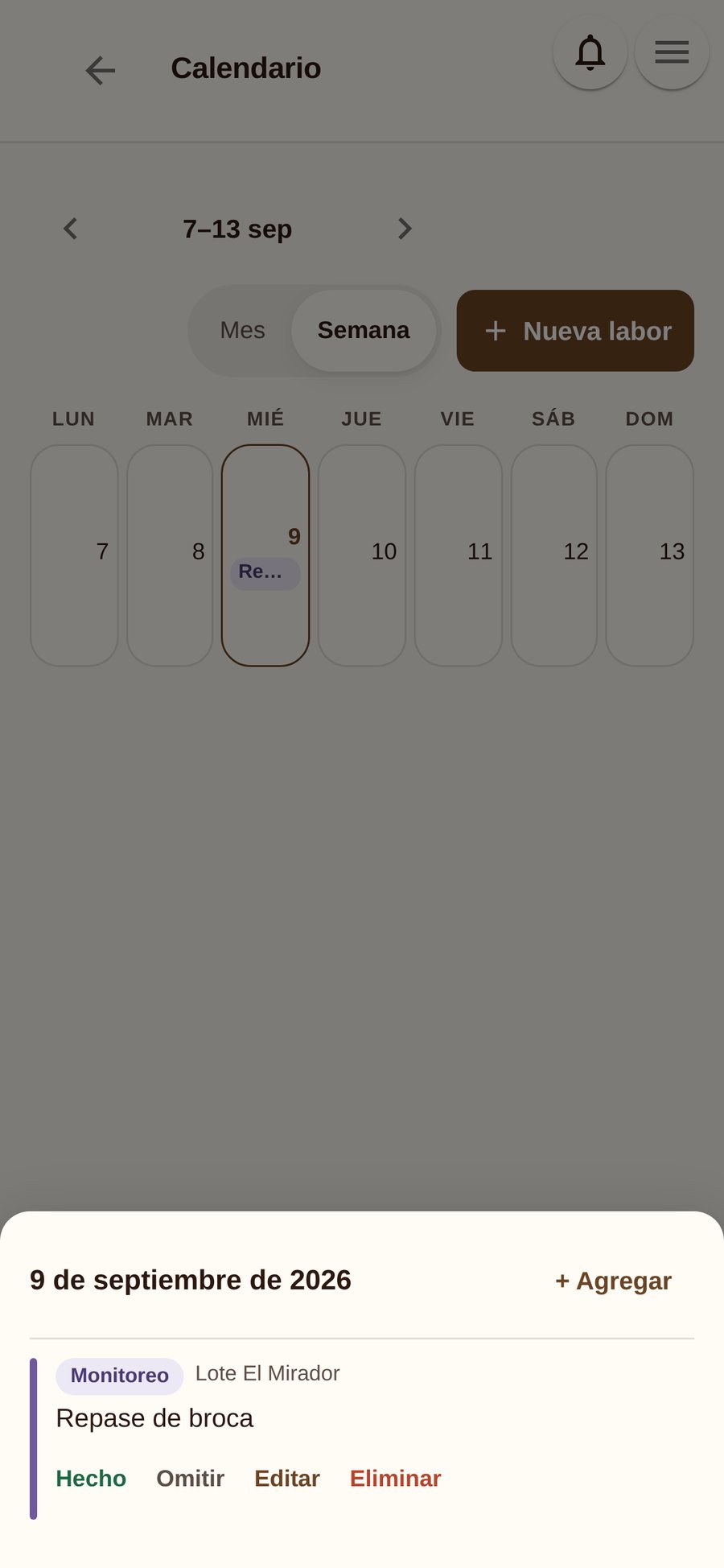 Vista semana del calendario de Koffibinz con una labor abierta y sus acciones
