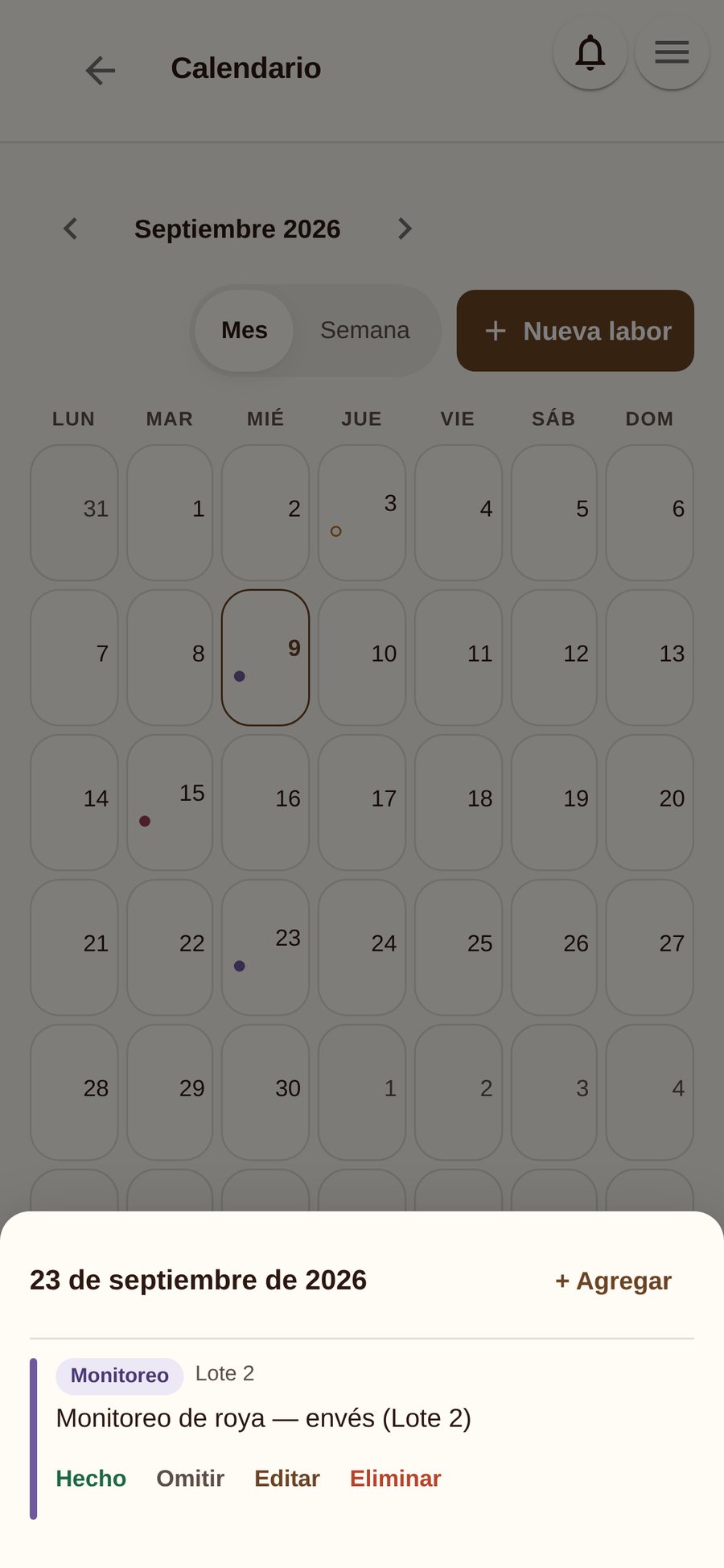 Calendario de Koffibinz con la tarea Monitoreo de roya — envés programada