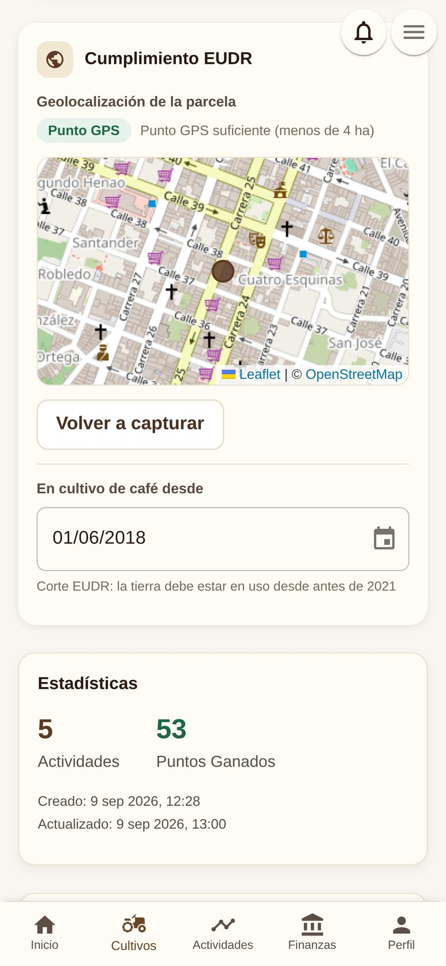 Geolocalización EUDR de una parcela de café guardada como punto GPS sobre el mapa
