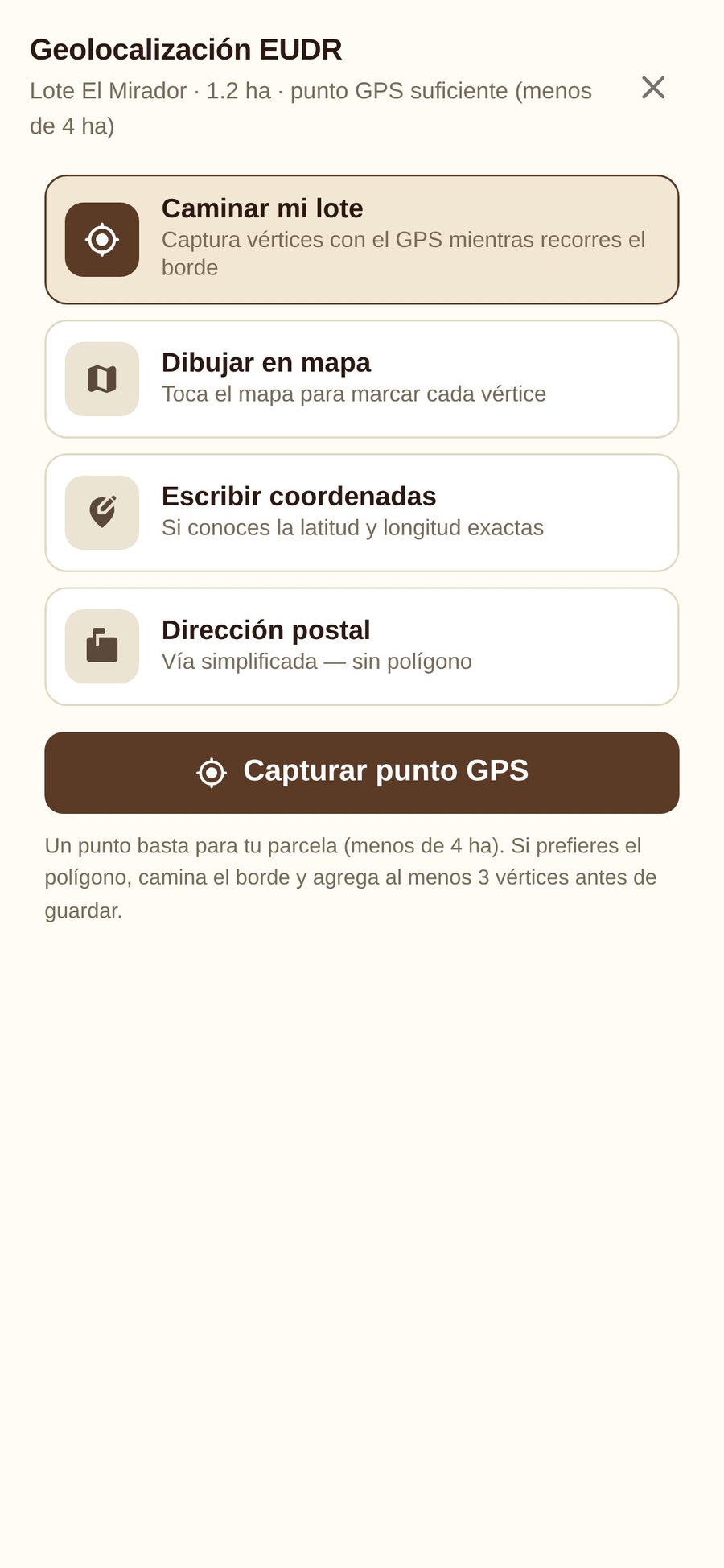 Vías de captura de geolocalización EUDR en Koffibinz: caminar el lote, dibujar en mapa, coordenadas o dirección postal