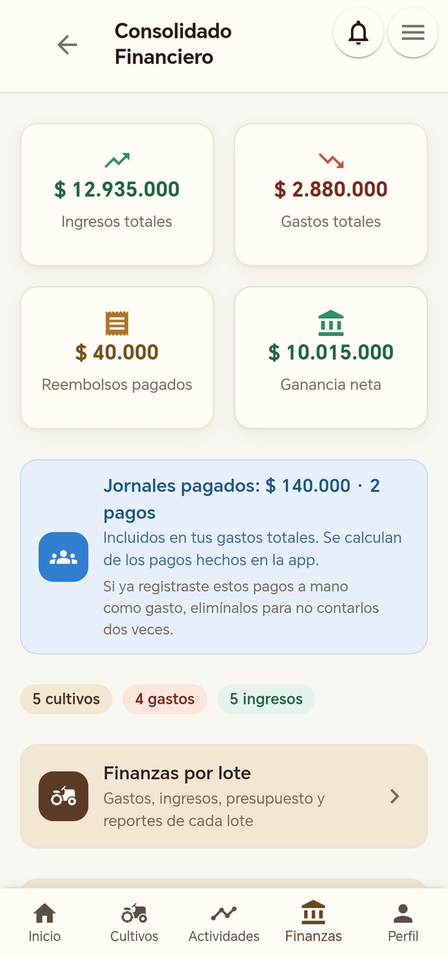 Consolidado financiero de una finca cafetera en Koffibinz: ingresos, gastos, jornales y ganancia neta