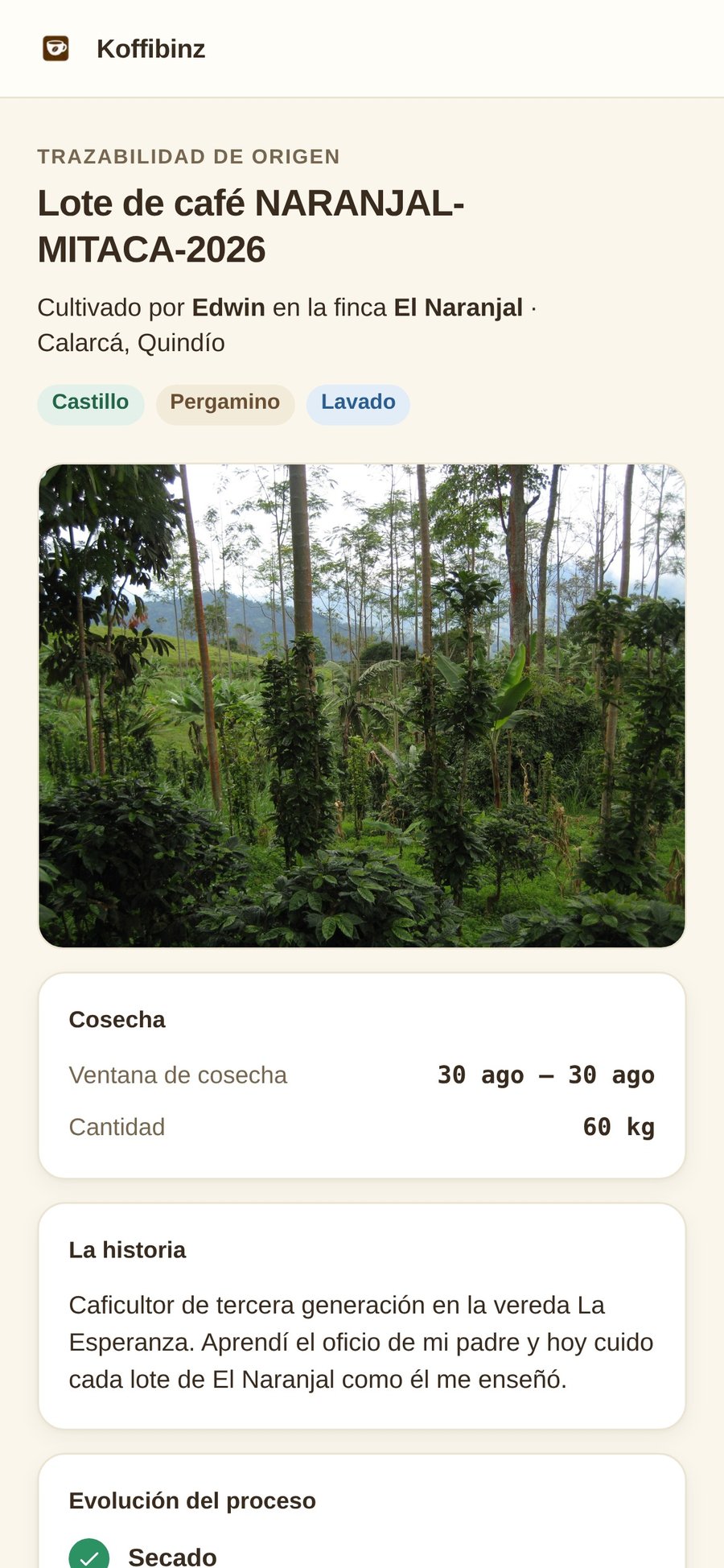 Página pública de trazabilidad de un lote de café: productor, finca, variedad y evolución del proceso