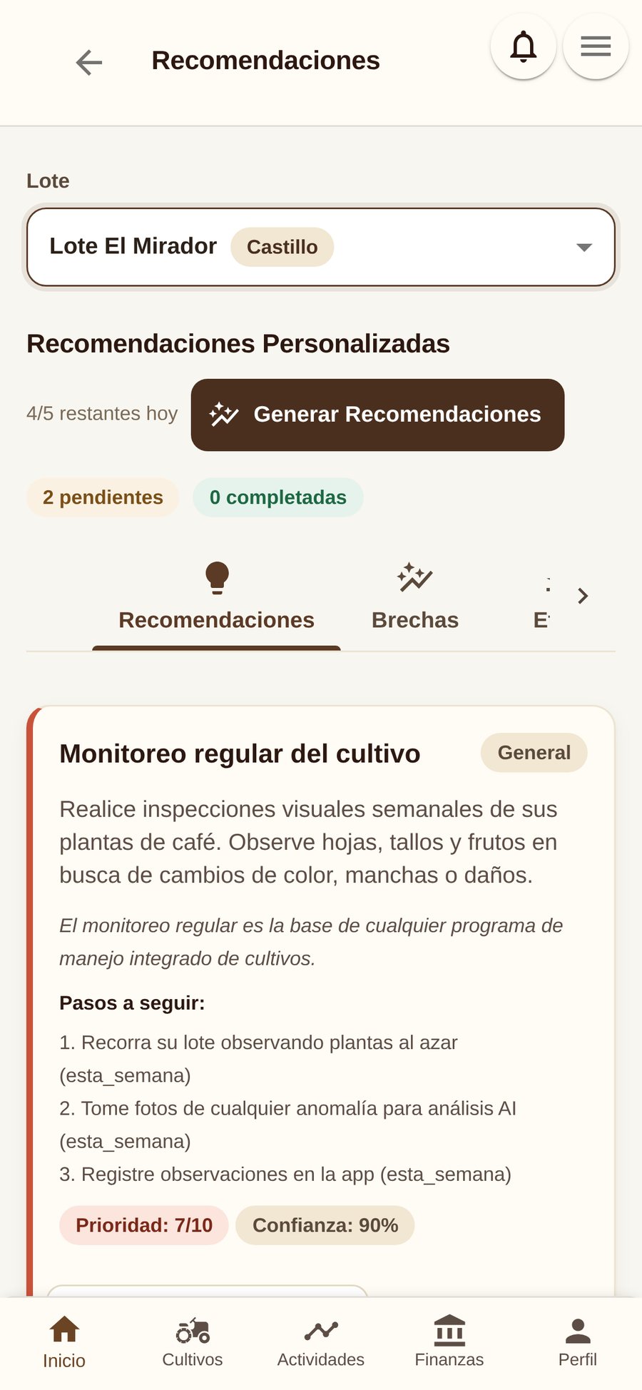 Recomendaciones de IA para un lote de café en Koffibinz con la opción de agregar al calendario
