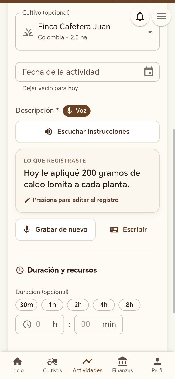 Tarjeta Lo que registraste en Koffibinz con la labor dictada por voz transcrita